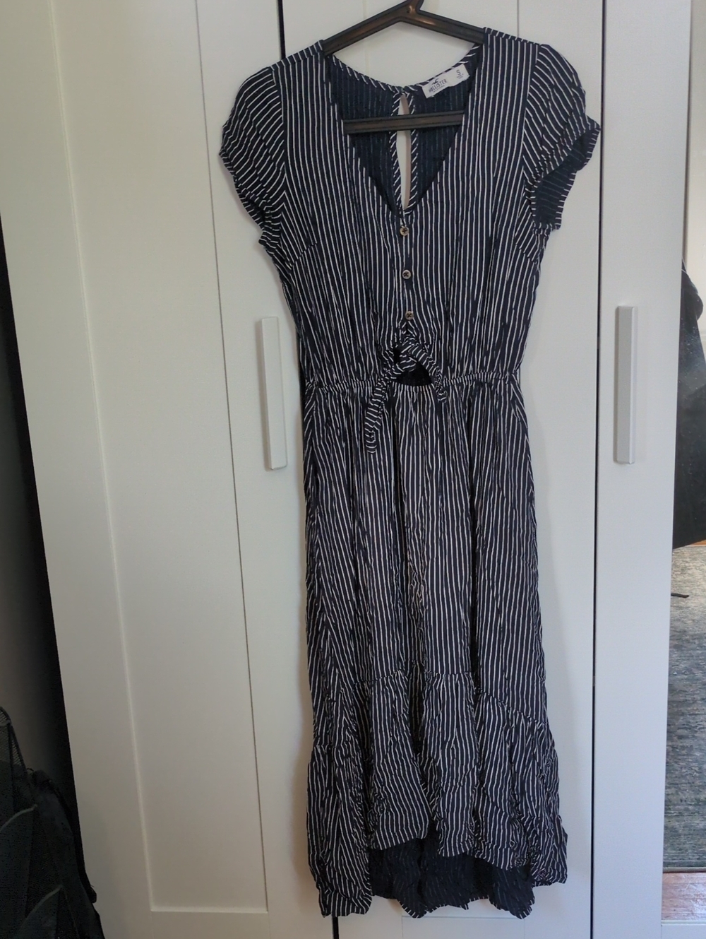 Hollister Navy and White Striped Maxi Dress with Tie Waist